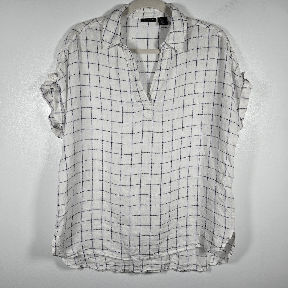 Tahari 100% Linen Blue White Grid Cap Sleeve V-Neck Popover Top Size Medium